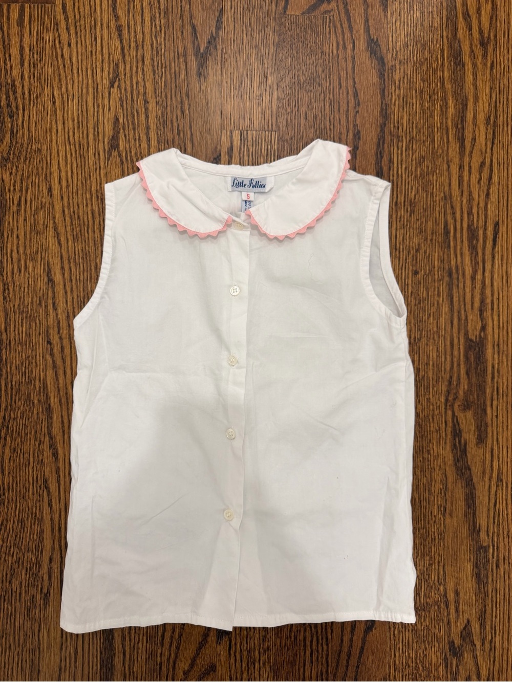 Girls' White Sleeveless Blouse with Pink Trim Collar